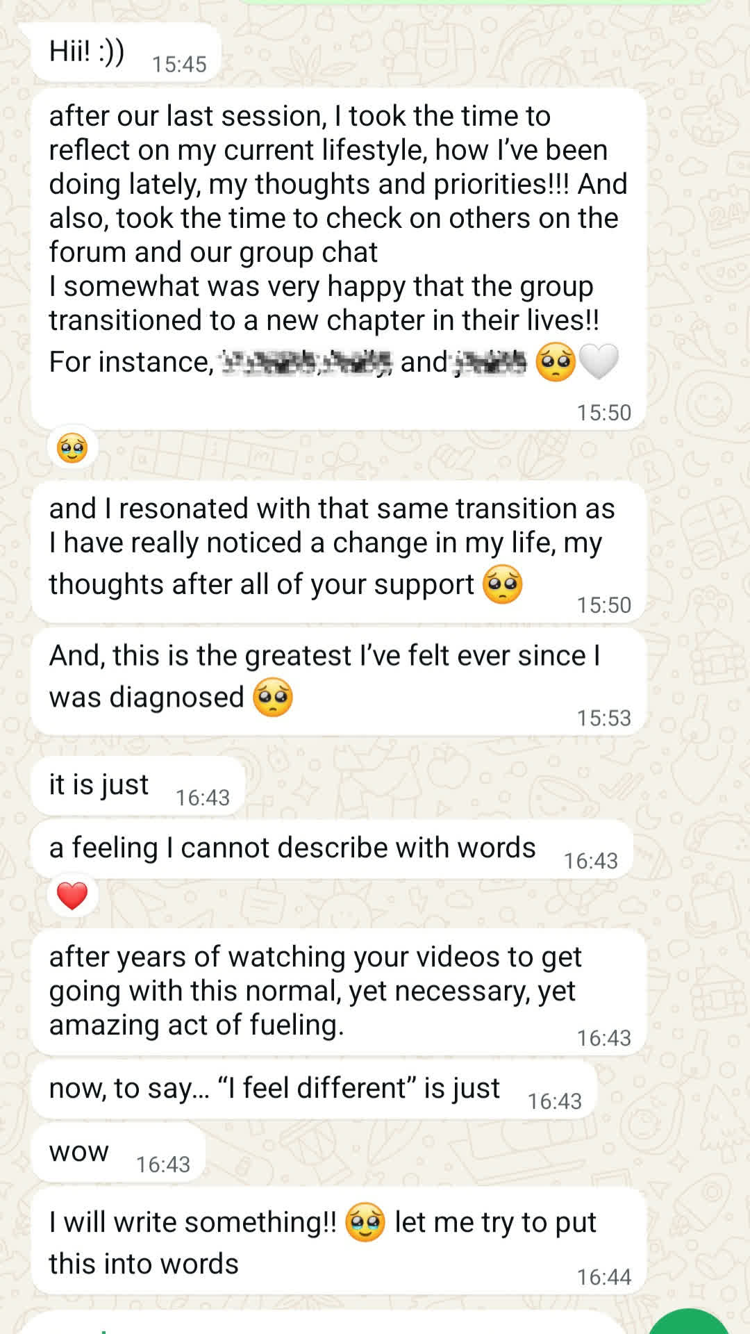 A member's message to Hanne as she completes her membership